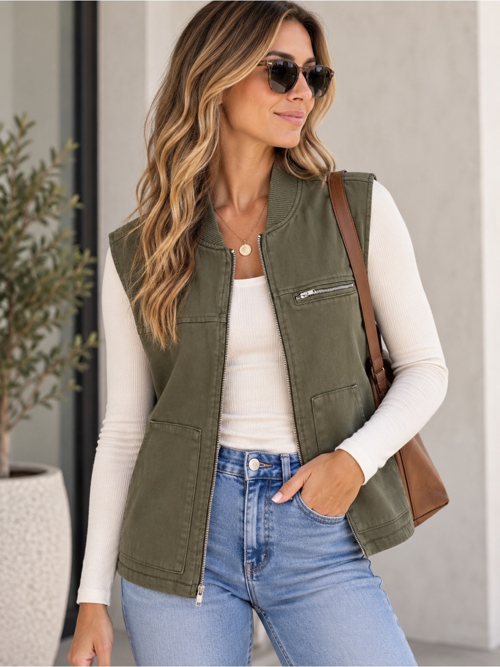H&M Divided Olive Green Utility Bomber Vest Quilted XS (Oversized)